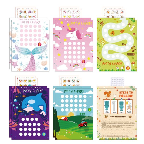 Adullpony Potty Training Chart Potty Training Sticker Chart – 5 Fun Styles Potty Sticker Chart with Rewards for Toddlers Girls, Motivational Potty Training Rewards for Kids