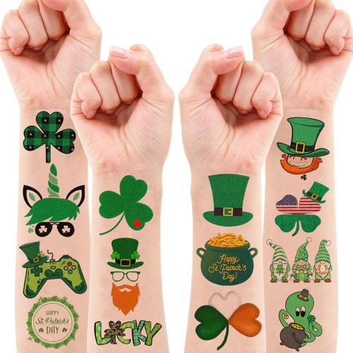 106 PCS Saints St. Patrick's Day Temporary Tattoos Sticker for Kids Green Shamrock Lucky Irish Parade Day Birthday Party Decorations Supplies Favors Gifts Girls Boys Cute Tattoo School Reward Themed