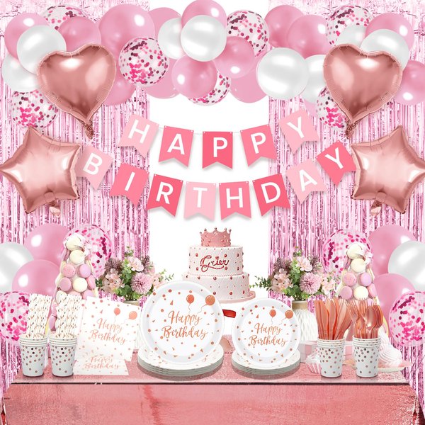 Pink Birthday Party Decorations Set With Balloons Banner Pink Fringe Curtain Tablecloth Heart Star Foil Confetti Balloons 12 Tableware Sets for Women Girls Birthday Party decorations Supplies