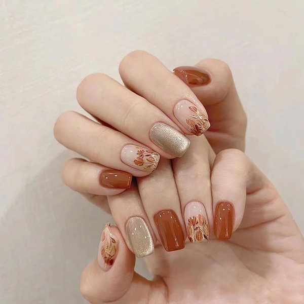 Fall Cat Eye Press on Nails Medium Length Fake Nails Flower Designs Stick on Nails Reddish Brown False Nails Full Cover Glitter Glue on Nails Acrylic Press on Nails Reusable Nails for Women 24Pcs