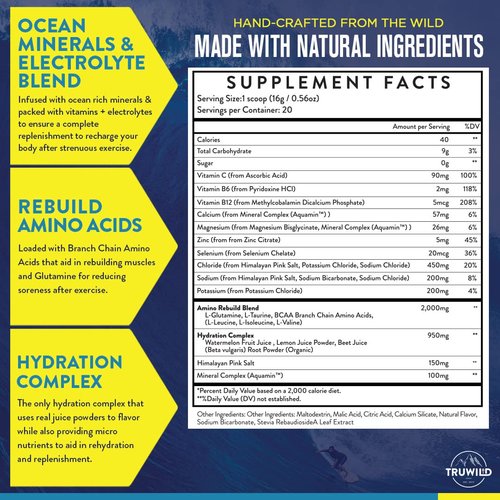 TruWild Natural Hydration Powder with Zero Sugar - Vegan Electrolytes + Amino Acids - Recovery Drink for Everyday Use – Post Workout Muscle Support Supplement w/Magnesium (Passionfruit Guava)