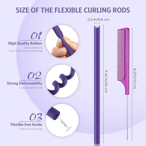 20 Pcs Flexible Curling Rods Twist Foam Hair Rollers Soft Foam No Heat Hair Rods Rollers Curlers and Steel Pintail Comb Rat Tail Comb for Women Girls Long and Short Hair (0.31 x 9.4 Inch, Purple)