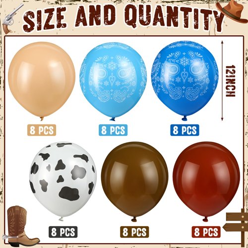 Hungdao 52 Pcs Western Party Horse Balloons Cowboy Decorations Bandana Balloons Cowgirl Foil Latex Balloons for Baby Shower Birthday Arch Decorations(Blue Brown Series)