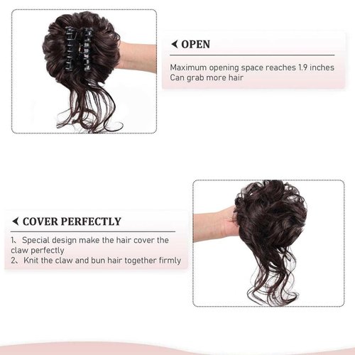 CINHOO Messy Bun Hair Piece for Women with Claw Clip Hair Extensions Dark brown Bun,Curly Wavy Hair Bun Clip in Claw Chignon Ponytail Hairpieces with Long Beard Tousled Updo Hair Extensions(8/27)