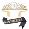 Black Gold "50 & Fabulous"Sash & Rhinestone Tiara Set, 50th Birthday Gifts for Women, Birthday Sash/Tiara for Women's 50th Birthday Party Decoration (Black 50th)