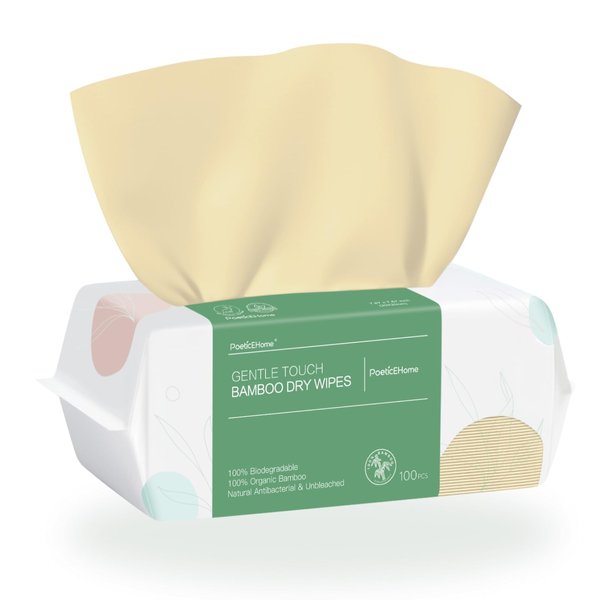 PoeticEHome Ultra-Soft Dry Baby Wipes 100pcs Facial Tissue Clean Towels for Sensitive Skin, Unscented & Unbleached Disposable Wash Cloths
