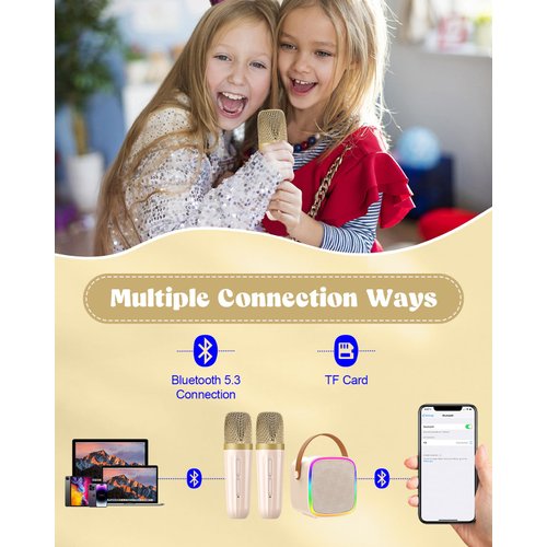 Texpot Mini Karaoke Machine with 2 Wireless Microphones, Kids Toys Portable Bluetooth Speaker for Kids Adults Toddler, Christmas Girls Toys for 4 5 6 7 8 9 10 12 Year Old Birthday Gift Ideas(Beige)