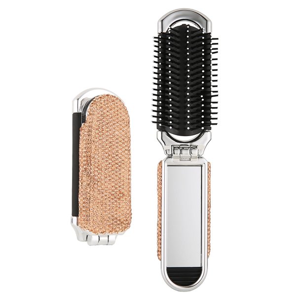 AsAlways Shiny Rhinestone Crystal Travel Hair Brush with Mirror Bling Diamonds Folding Hair Massage Comb Compact Portable Small Mini Hair Brush for Purse Wet & Dry Detangling(Gold)