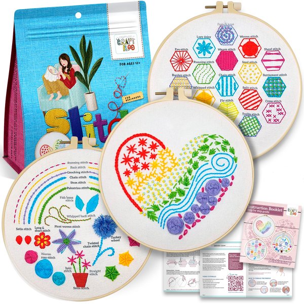 Learn 30 Stitches Heart Embroidery kit for Beginners with Stamped Embroidery Patterns Starter Kit. Needlepoint Cross Stitch for Kids & Adults