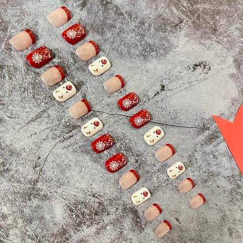 Christmas Short Square Fake Acrylic Nails with Red French Tip, Snowflake Designs, and Winter Xmas Nail Art for Women and Girls