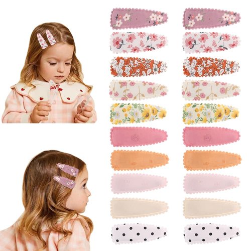 JIAHANG 20Pcs Baby Girls Floral Print Hair Clips in Pair, Non Slip Hairpins Cotton Snap Hair Barrettes Thin Thick Hair Accessories for Toddlers Kids(color A)