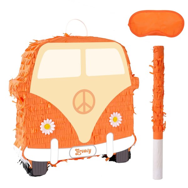 Hippie Van Pinata - Groovy Pinata with Blindfold and Bat for Kids Groovy Hippie Theme Birthday Party Game Decorations (Small Size 13”x13”x3”)