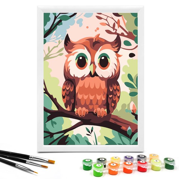 Nariolar Paint by Numbers for Kids Ages 4-8 with 7X9.5 inch Pre-Printed Cardboard,12 Acrylic Paint Pots and 3 Painting Brushes, Craft Gift Room Decor for Children,(Cute Owl)