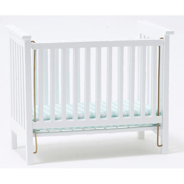 Classics by Handley Dollhouse Miniature White Slatted Nursery Crib with Blue Fabric