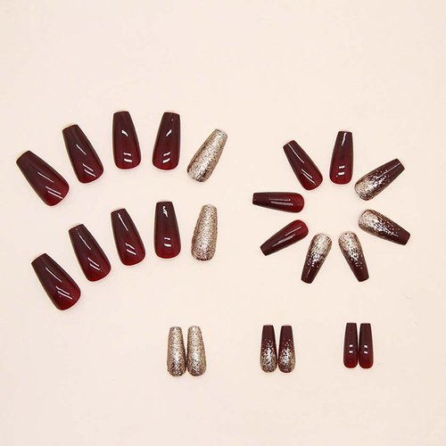RikView Red Press on Nails Medium Fake Nails Glitter Nails Square Acrylic Nails Glossy Full Cover Nails 24 PCs/Set (Medium Red Glitter)