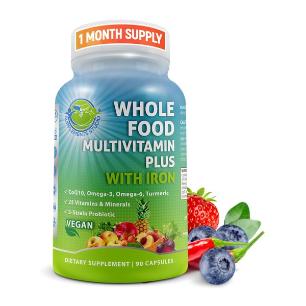 Vegan Whole Food Multivitamin with Iron, Daily Multivitamin for Women and Men, Made with Fruits & Vegetables, B-Complex, Probiotics, Enzymes, CoQ10, Omegas, Turmeric, Non-GMO, 90 Count