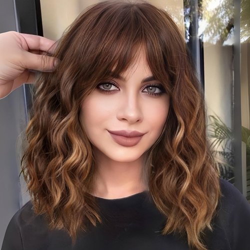 KOME Curly Bob Wig with Bangs Short Wavy Natural Brown Highlight Wigs for Women Bob Style Synthetic Heat Resistant Bob Wigs 14IN…