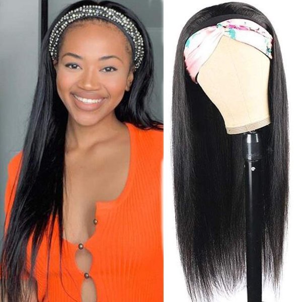 Angie Queen Headband Human Hair Wigs Glueless Sraight None Lace Front Wigs Brazilian Virgin Hair Machine Made Human Hair Headband Wigs for Black Women 180% Density (20" Headband wigs)