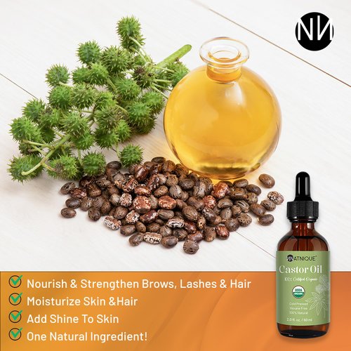 Natnique Castor Oil (2oz), USDA Certified Organic, 100% Pure, Hexane Free, Cold Pressed. Growth for Eyelashes, Eyebrows, Hair. Natural Skin Moisturizer & Hair Treatment. Eyebrow & Eyelash Brush
