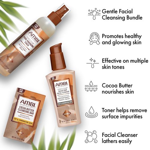 Zomac Satin Bonnet Bundle with Ambi Dry and Combination Skin Products, Includes Ambi Cocoa Butter Cleansing Bar, Ambi Pore Minimizing Toner, and Ambi Complexion Facial Cleanser