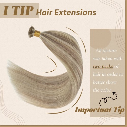 YoungSee I Tip Hair Extensions Human Hair Blonde Itip Human Hair Extensions Blonde with Dark Ash Blonde Highlights Blonde I Tips Real Hair Extensions 18 Inch 60 Strands 50g Pre Bonded Hair Extensions