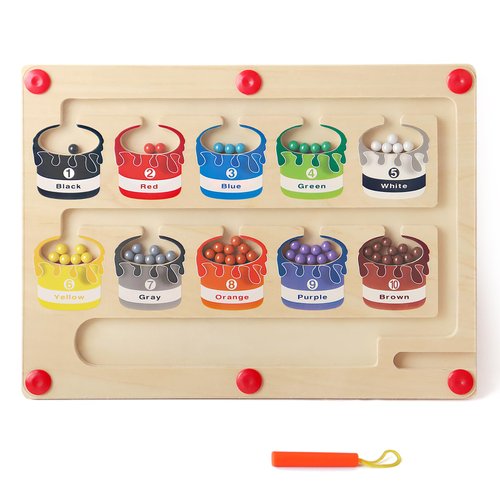 Magnetic Color and Number Maze, Wooden Magnet Puzzle Board Game for Toddlers, Montessori Counting Matching Color Sorting Toys, Fine Motor Skills Training, Gift for 3 4 5 Years Old Boys and Girls