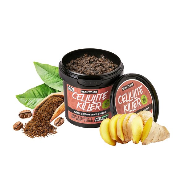 Beauty Jar CELLULITE KILLER Anti Cellulite Dry Body Scrub, Skin Exfoliant 29 Oz (150 g) - stimulates blood flow, detox, smoother skin - natural coffee, ginger powder