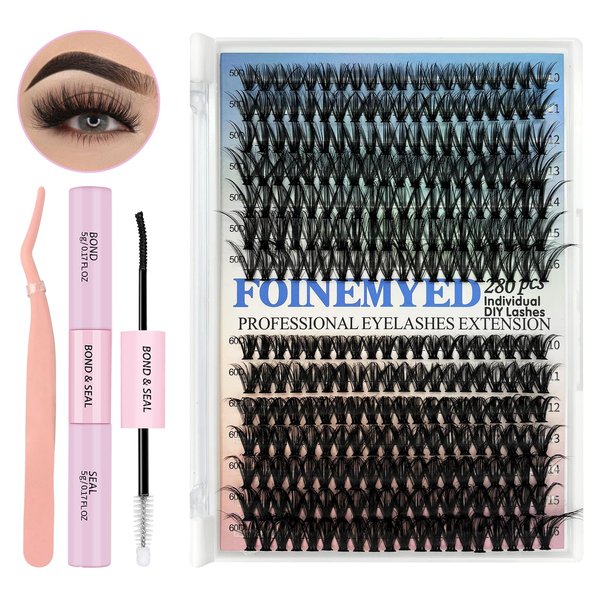 Individual Lashes Kit 280Pcs Fluffy Lash Clusters 50D 60D D Curl DIY Lash Extension Kit with Lash Bond and Seal and Lash Applicator 10-16mm Eyelash Extension Kit DIY at Home, by FOINEMYED