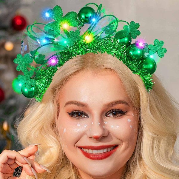 Latious Light Up St Patricks Day Headband Green Irish Shamrock Headbands Glitter Bow Hair Accessories for women and Girls