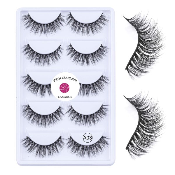 Luxurious Mink 3D False Eyelash LASGOOS Design Natural Look Messy Cross Multi-Pack Fake Eye Lashes for Eye Makeup 5 Pairs/Box (A03)