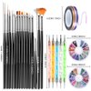 Teenitor Nail Art Brushes, Nail Art Paiting Design Brushes, 15 Nail Gel Brushes, Nail Dotting Pen 5pcs, 12 Colors Nail Rinestones & 10 Adhesive Nail Striping Tape for False Acrylic Nails-Black