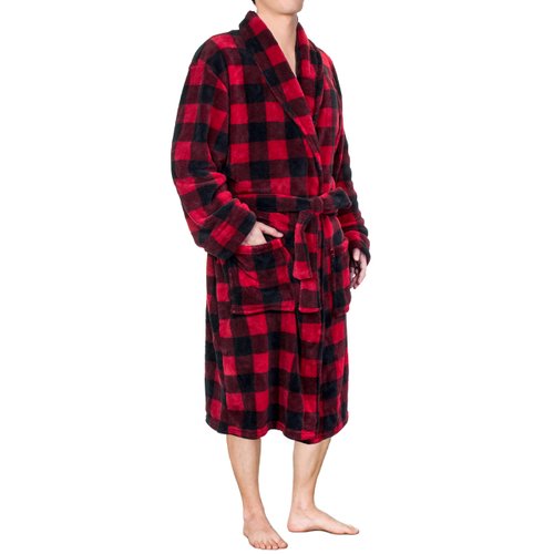 Mens Fleece Plaid Robe - Soft, Warm, Long Bathrobe with Shawl Collar and Pockets