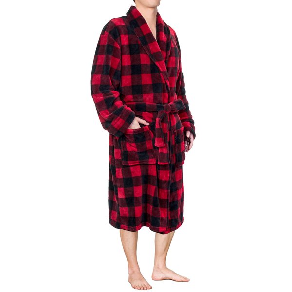 Mens Fleece Plaid Robe - Soft, Warm, Long Bathrobe with Shawl Collar and Pockets