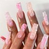 Foccna Press on Nails Acrylic Long Square Bling Glossy 3D Flower False Nail Tips Pink Fake Nails Artificial Nails Finger Manicure for Women and Girls-24pcs