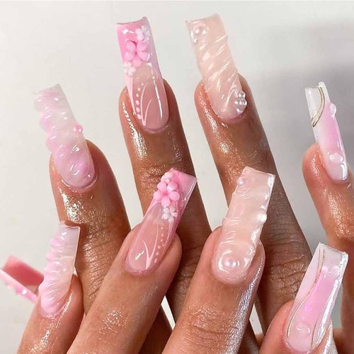 Foccna Press on Nails Acrylic Long Square Bling Glossy 3D Flower False Nail Tips Pink Fake Nails Artificial Nails Finger Manicure for Women and Girls-24pcs