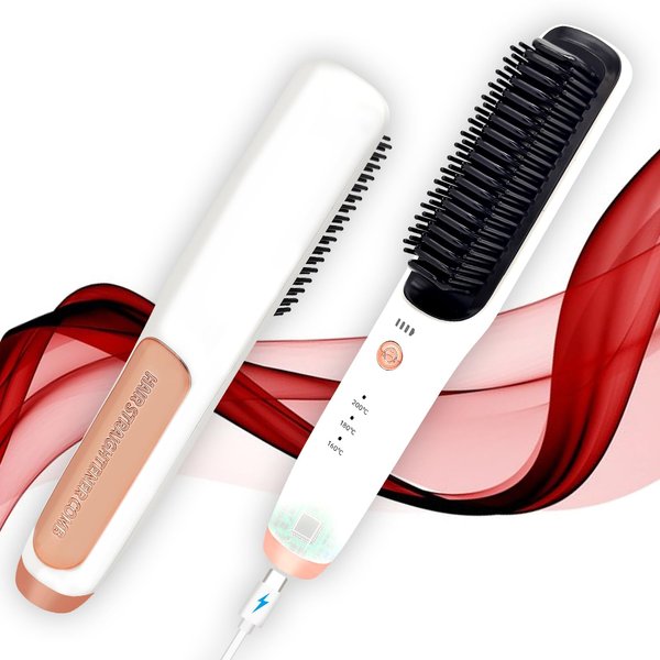 Cordless Straightening Brush for Travel, Long-Life USB-C Rechargeable Battery, Anti-Scald Hot Comb for Women's Hair (Bright White)
