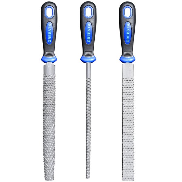 GREBSTK 8" Wood Rasp File Set with Rubber Grip Wood Course Cut Rasp 3 PCS Set, Round, Half-Round, Flat File Rasp