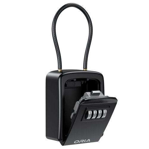 ORIA Key Lock Box, 4 Digit Combination Lock Box, Key Safe Box with Removable Chain for Indoor Outdoor Use, Black