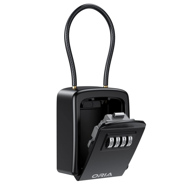 ORIA Key Lock Box, 4 Digit Combination Lock Box, Key Safe Box with Removable Chain for Indoor Outdoor Use, Black