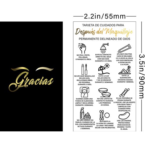 BRAWNA 50 Pck Tarjeta De Cuidado Para Después Del Maquillaje Permanente Delineado De Ojos - Spanish PMU Eyeliner Aftercare Thank You Cards - PMU Supplies - Microblading Kit - Black