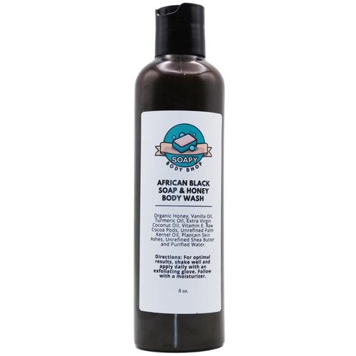 Raw African Black Soap Body Wash with Organic Honey, Turmeric Oil & Vanilla Essential Oil - 100% Natural Black Soap From Ghana, Cleanser for Face & Body, Shea Butter, Eco-Friendly Skincare (8 oz)