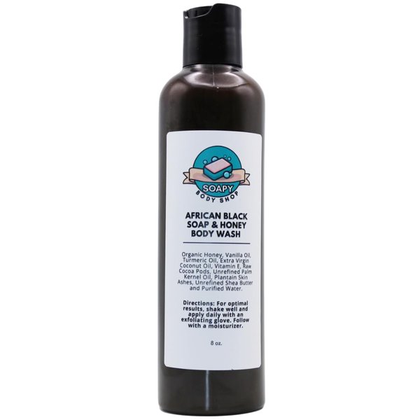 Raw African Black Soap Body Wash with Organic Honey, Turmeric Oil & Vanilla Essential Oil - 100% Natural Black Soap From Ghana, Cleanser for Face & Body, Shea Butter, Eco-Friendly Skincare (8 oz)