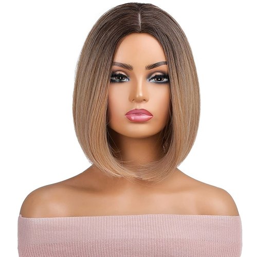 PATTNIUM Brown Blonde Bob Wig for Women Short Brown Mixed Blonde Wig Short Straight Ombre Blonde Bob Wig Heat Resistant Synthetic Wig with Wig Cap (Ombre Brown)