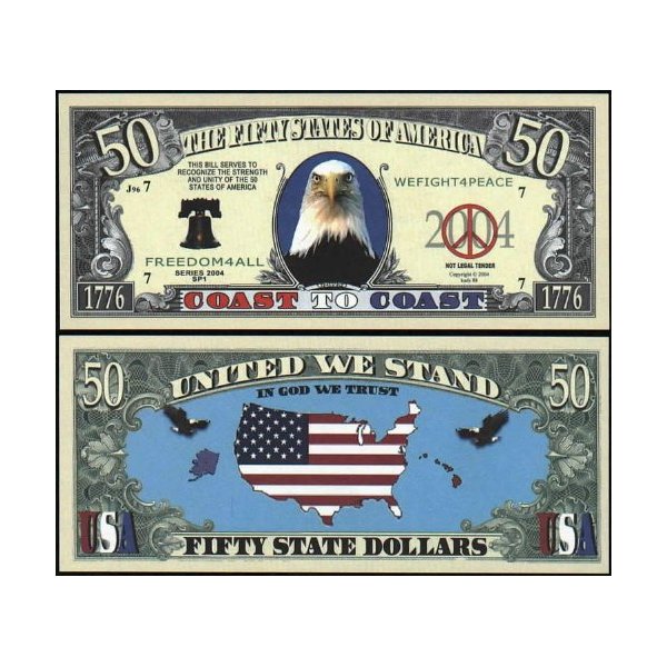 United We Stand USA 50 States Coast to Coast Novelty Bills -Lot of 25 Bills