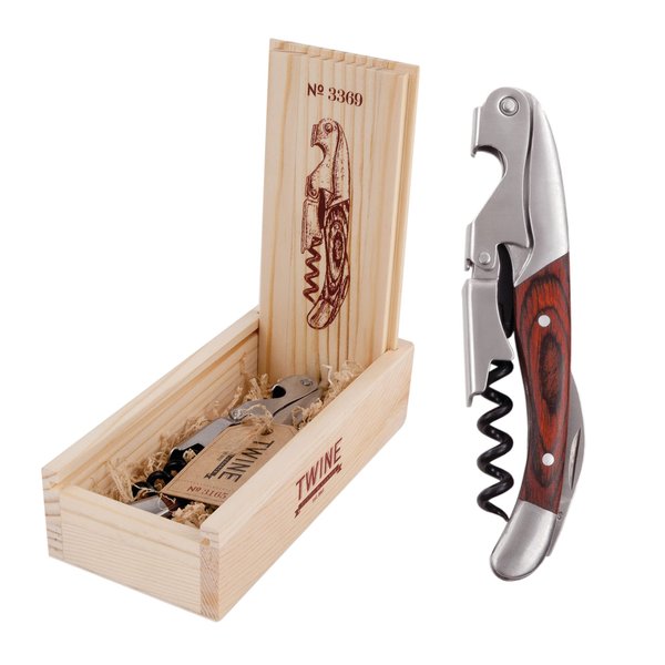 Twine Double Hinged Waiters Corkscrew Opener with Foil Cutter in Wooden Gift Box Premium Manual Wine Key with Smooth Polished Rosewood Handle, Set of 1, Wood