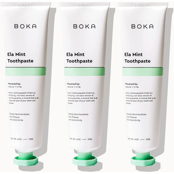 Boka Fluoride Free Toothpaste - Nano Hydroxyapatite, Remineralizing, Sensitive Teeth, Whitening - Dentist Recommended for Adult, Kids Oral Care - Ela Mint Flavor, 4 Fl Oz 3Pk - US Manufactured