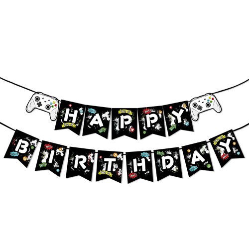 WERNNSAI Watercolor Video Game Birthday Banner - Gaming Birthday Party Decorations for Boys Kids Game Themed Party Supplies Pre-Assembled Bunting Garland Hanging Wall Decor