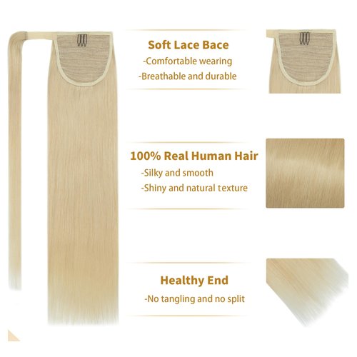 SEGO Ponytail Extension Human Hair 100% Real Human Hair Clip In Wrap Around Long Straight Ponytail With Magic Paste Pony Hairpieces for Women -20 Inch 95g 613 Bleach Blonde