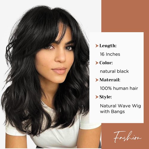 WIGER Natural Wavy Human Hair Wigs with Bangs Black Loose Wave Wigs for Black Women None Lace Front Wigs Brazilian Virgin Human Hair Glueless Loose Curly Wig for Daily (16 Inches)