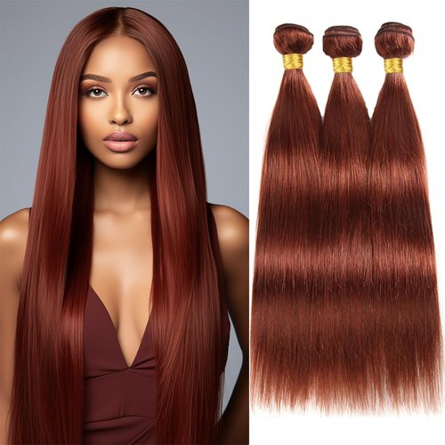 Reddish Brown Straight Bundles Human Hair Auburn Bundles Color 33 Human Hair Bundles Double Weft Remy Hair Extensions Wet and Wavy Bundles Silky and Soft for Black Women 24 26 28 Inch